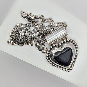 Black Onyx Heart Pendant - Vintage Mexican Sterling Silver Jewelry